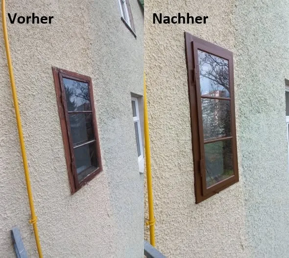 Holzfenster an einer Hausfassade, links vorher, rechts nachher