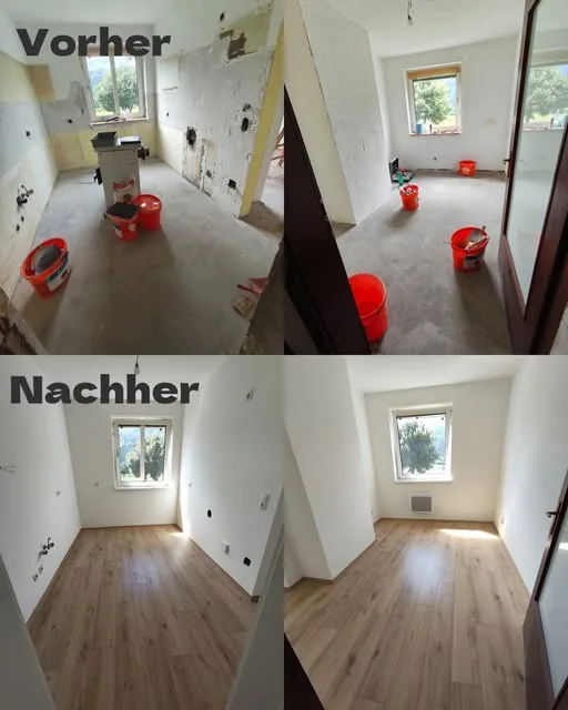 Wohnungssanierung: oben der leere Raum vorher, unten derselbe Raum nachher mit neuem Holzboden